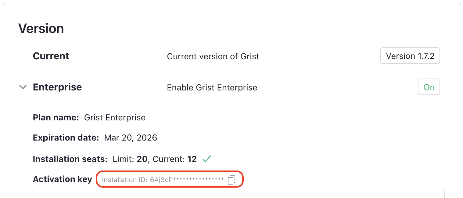 ID d'installation dans le panneau d'administration