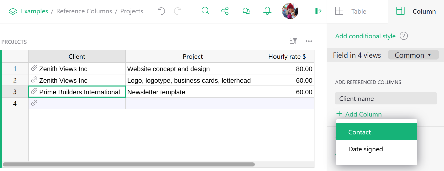 Colonnes supplémentaires insérées