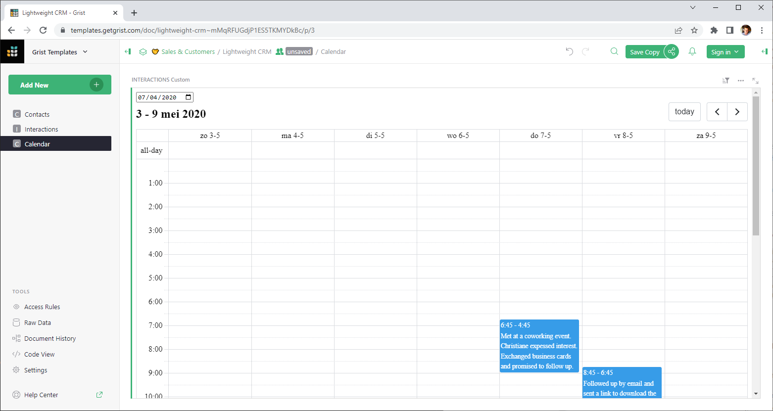 Vue Calendrier Personnalisée