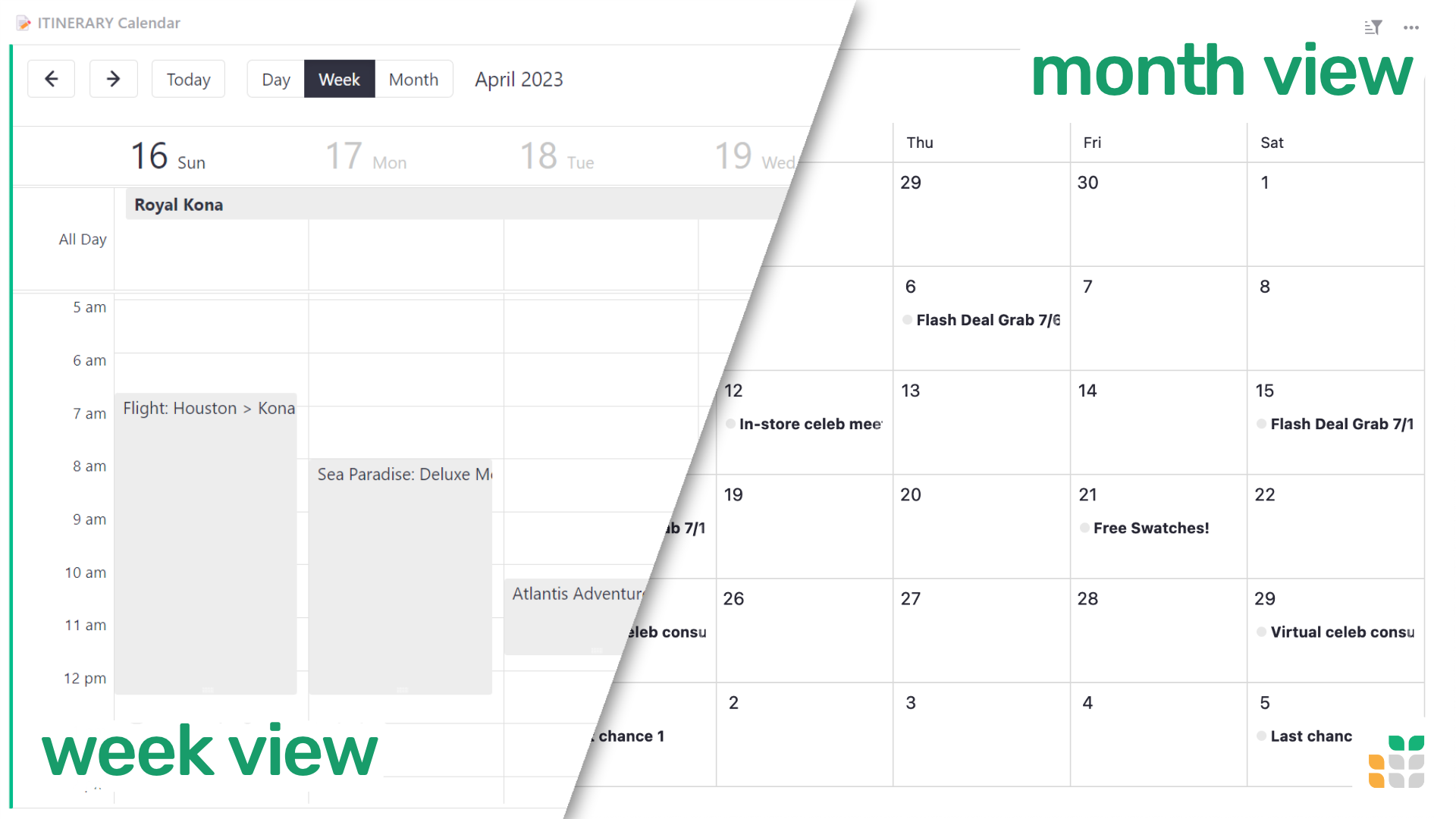 Capture d'écran de la vue calendrier