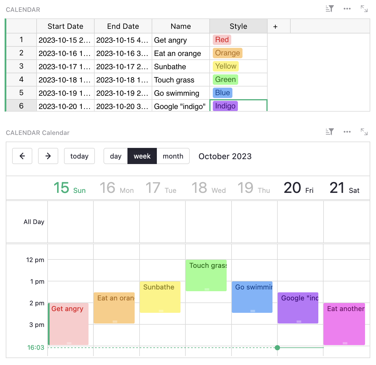 Widget de calendrier coloré