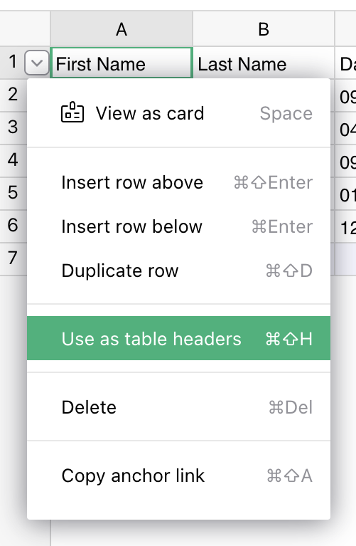 Raccourci pour les en-têtes de table