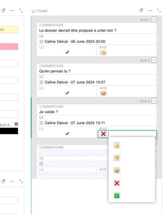 Interface de chat avec listes de cartes