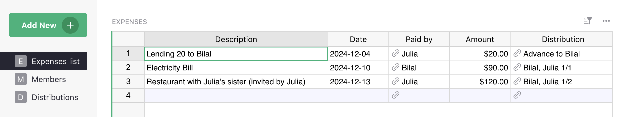 Shared expenses widget