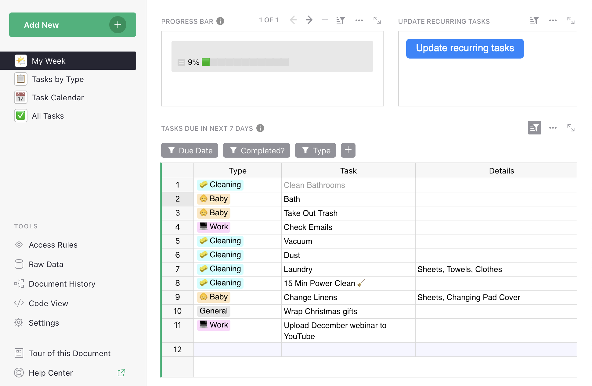 Recurring tasks template