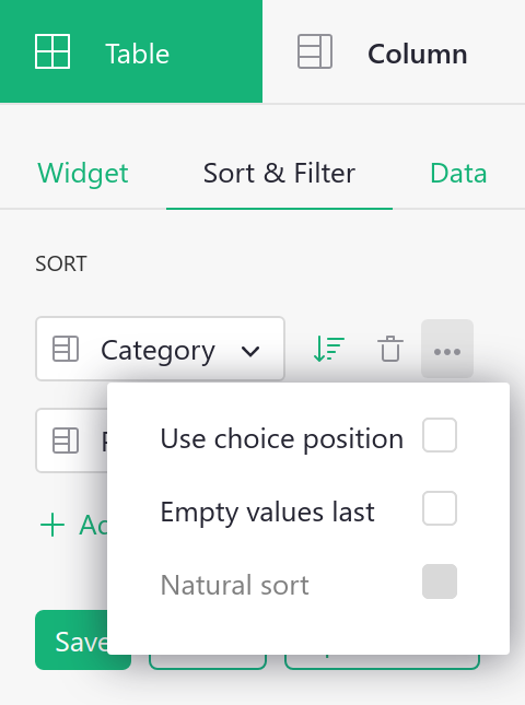 Options de tri du panneau latéral