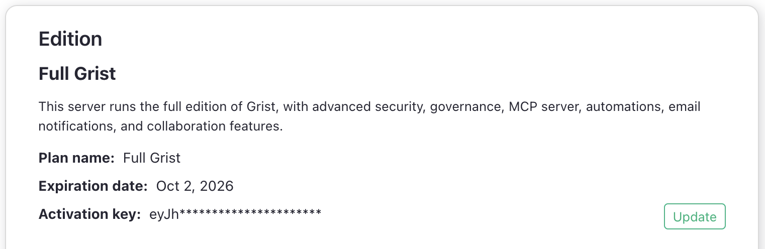 Activation Key in the admin panel