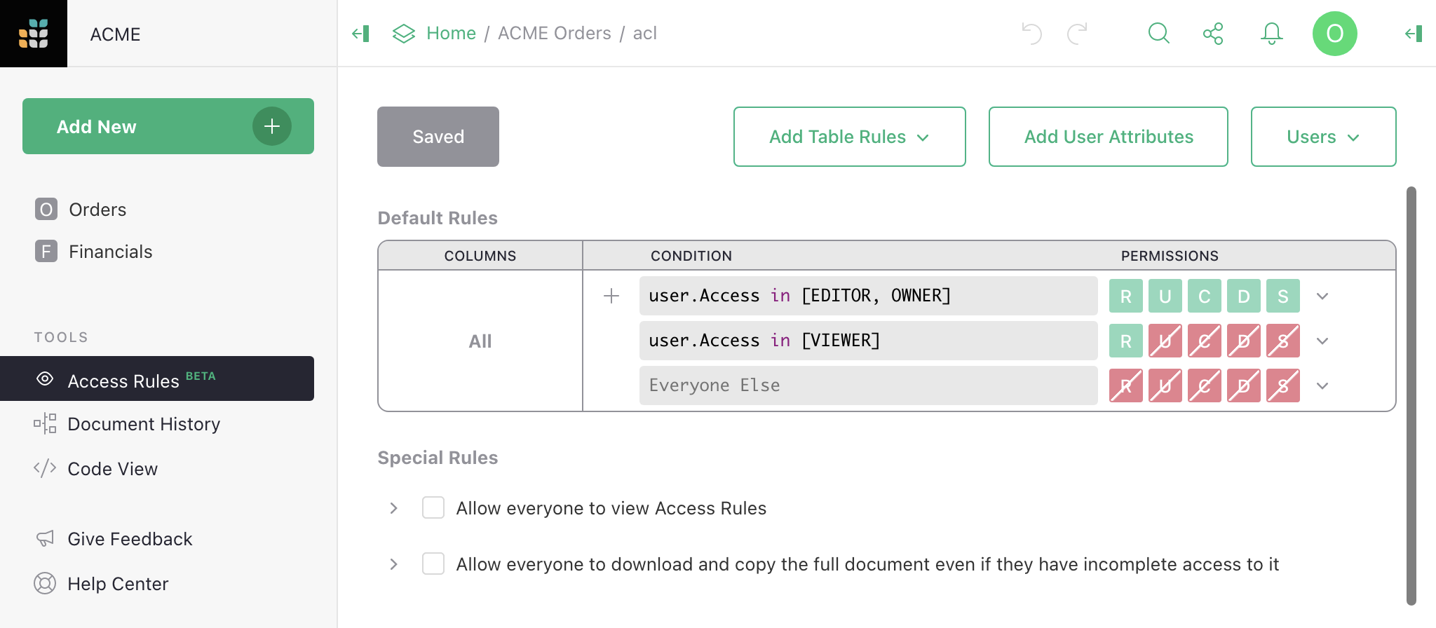 Access rules page